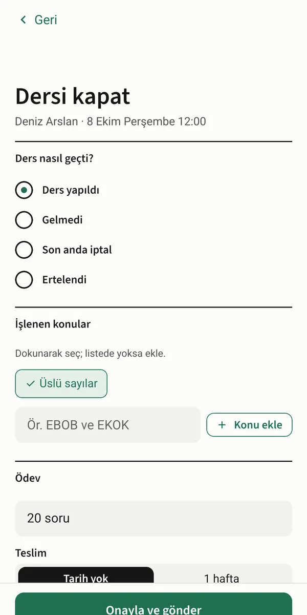 Ders kapanış formu: katılım, konular, ödev ve hazır veli mesajı