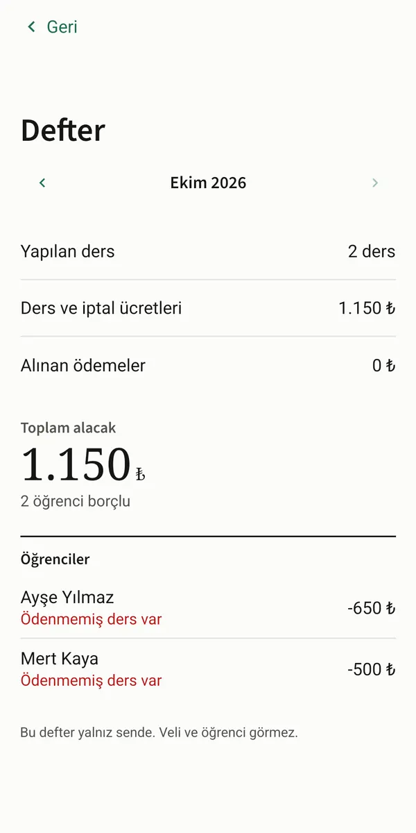 Öğretmenin özel defteri: ay özeti ve öğrencilerin bakiyesi